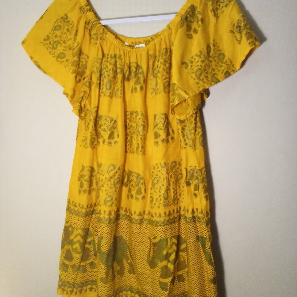 Lapogee Shirt Women L Short Ruffle Sleeve India Elephant Camel Gold Green
